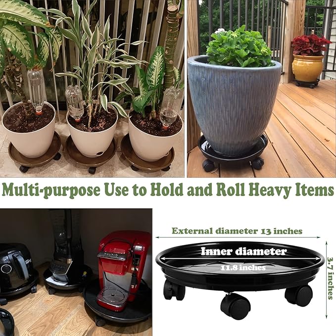 8 Packs Plastic Plant Caddy with Wheels 12” Heavy-duty Rolling Plant Stand with Wheels Plant Dolly with Casters for Indoor and Outdoor Plant Roller Base Plant Saucer Mover, Black
