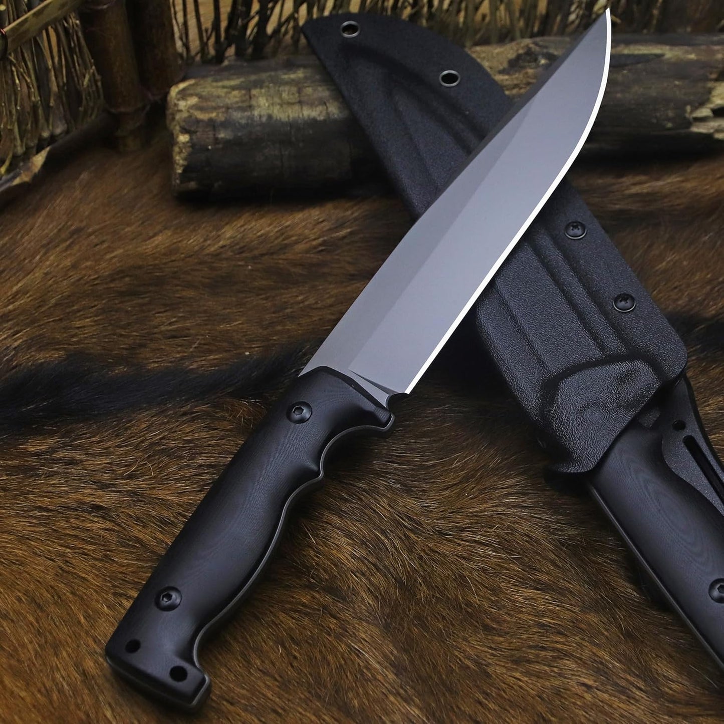 BA-KOR 5mm (9CR18MOV) steel 12.4" full tang hunting knife+K sheathing &5.9" cerium igniter Suitable for outdoor hunting, camping, wilderness survival, outdoor rescue, barbecuing, fishing, and as a gift