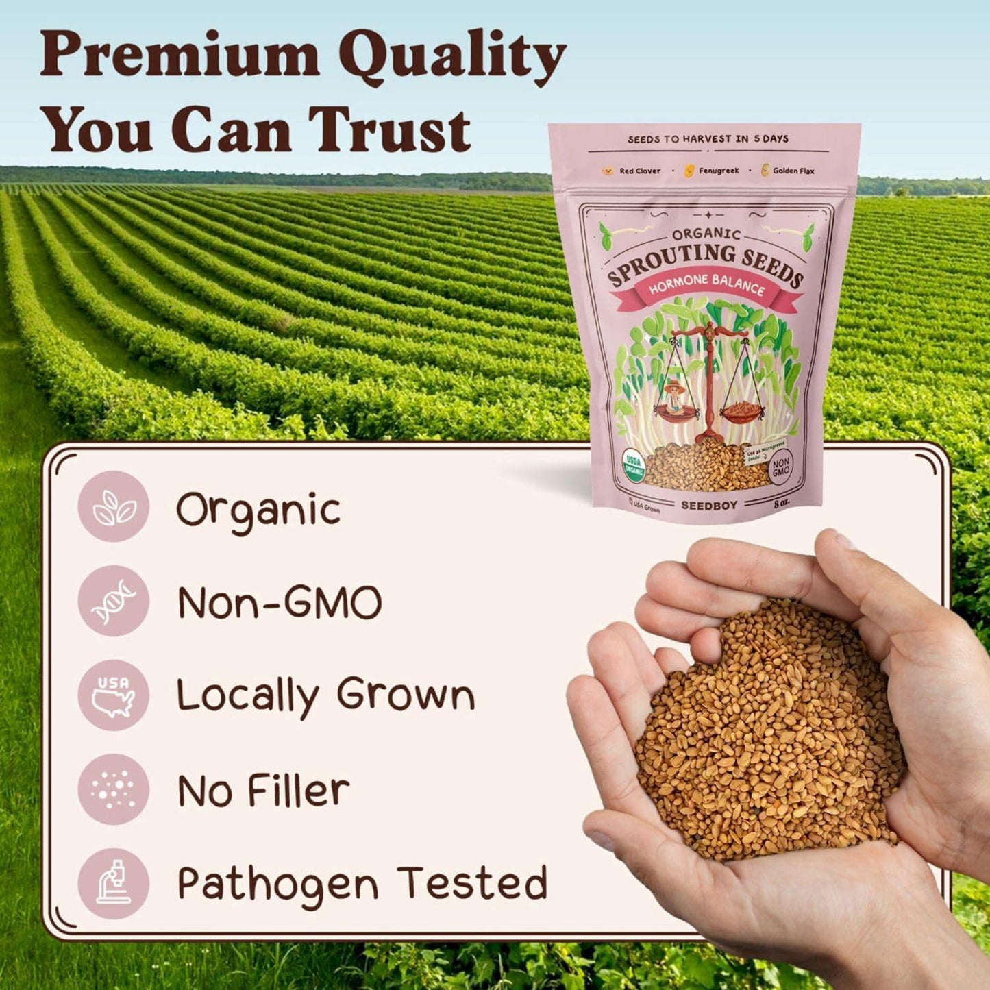 Seedboy Organic Non-GMO Sprouting Seeds, Hormone Balance Blend - USA Grown Microgreens Mix with Golden Flax, Red Clover, Fenugreek - 8 oz Bag Makes 8 Quarts / 24 Servings (Hormone Balance Blend)