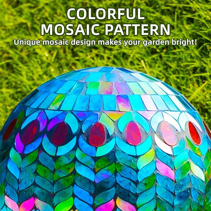 VOREEN Mosaic Glass Gazing Ball Outdoor Gazing Globe, Handmade Reflective Ball Yard Decoration for Homes, Patio, Lawn and Gardens, Gift for Mom Wife Friend, 10-Inch, Blue