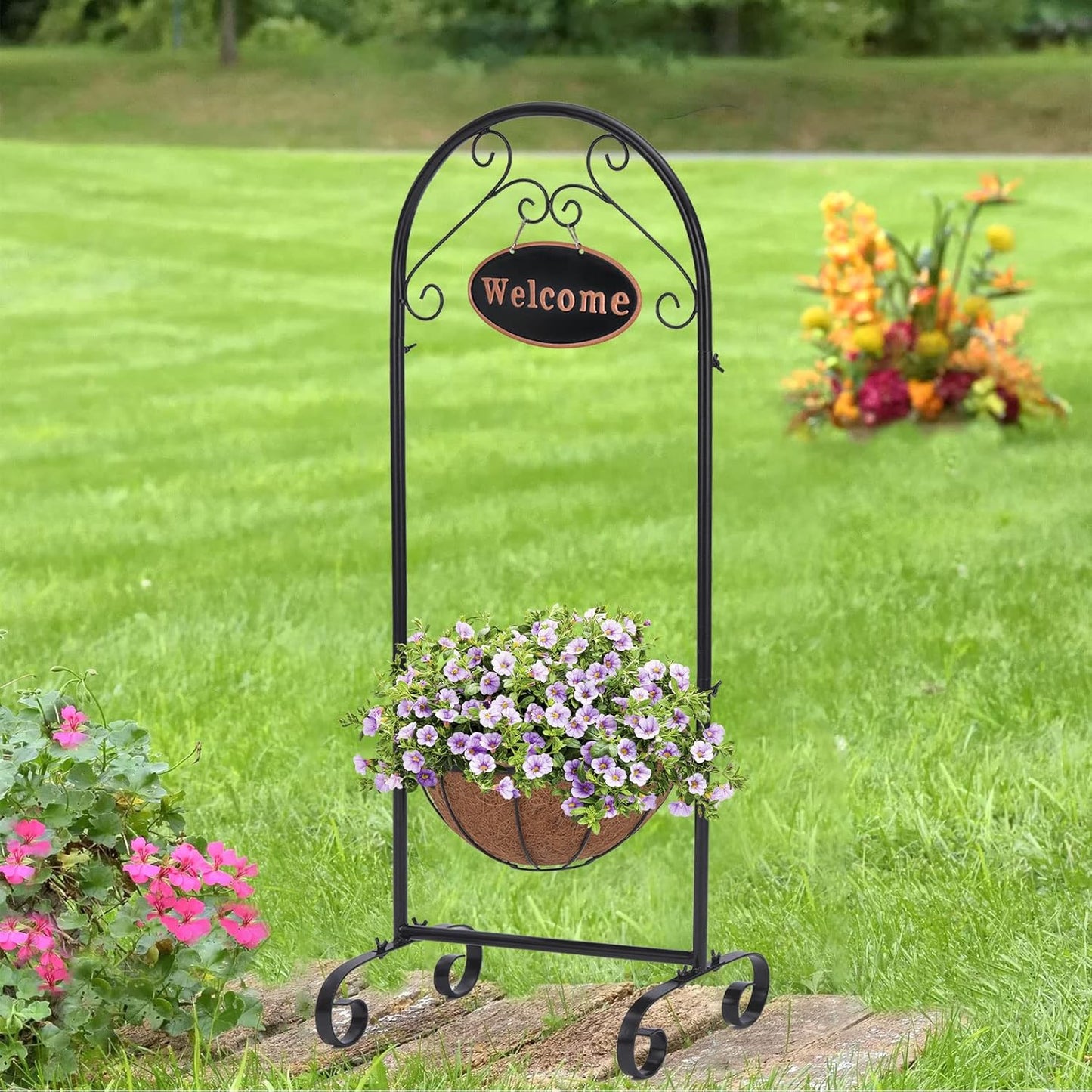 Metal Welcome Planter Basket Stand with Coco Liner, 39.5” Hanging Planter Stand with Decorative Welcome Sign Outdoor Decor for Garden, Patio, Deck, Entry and Front Porch