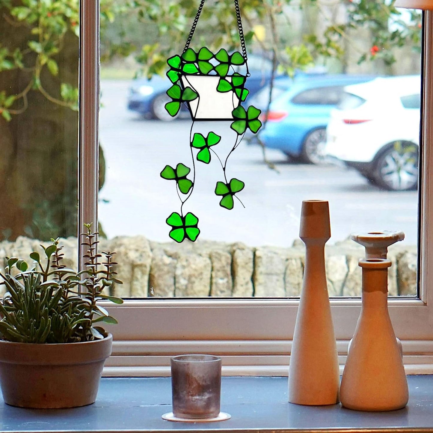Stained Glass Four Leaf Clover Decor Suncatcher for Window, Artificial Green Plants Stained Glass Window Hanging, Fake Plant Decor Gift for Women,Mom,Plant Lovers(Four Leaf Clover)