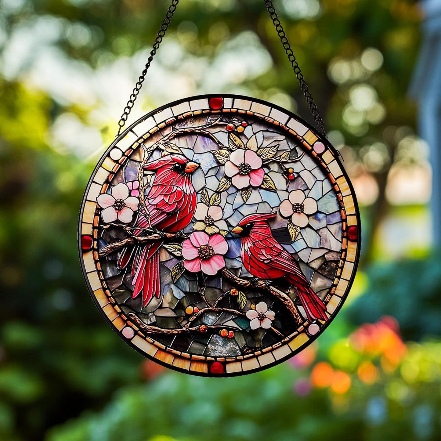 Cardinal Stained Glass Suncatcher - Hand-Painted Window Hanging with Metal Chain, Outdoor/Indoor Wall Decor for Mothers Day, Housewarming Gifts for Mom & Grandma Women Birthday Gifts