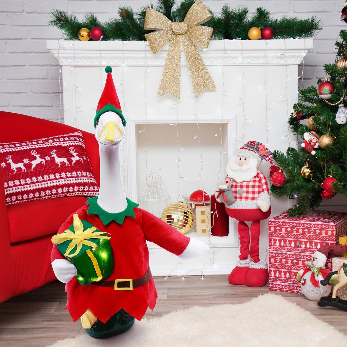 Christmas Toy Soldier Style Porch Goose Outfits,2 Pcs/Set Goose Clothes with Pointed Hat and Gift Box Fits 23" Lawn Goose Statue,Red Christmas Outdoor Goose Costume,Yard Patio Garden Xmas Decor