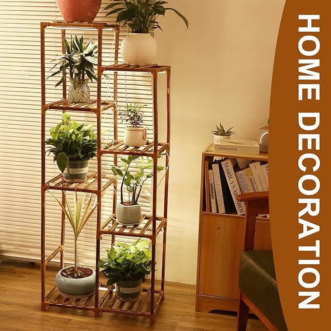 Plant Stand with Grow Light, Tall Plant Stands Indoor with Full Spectrum Led Grow Light, Timer Function and Brightness Adjustment, 8 Tiered Wood Plant Shelf for Corner | Patio | Living Room