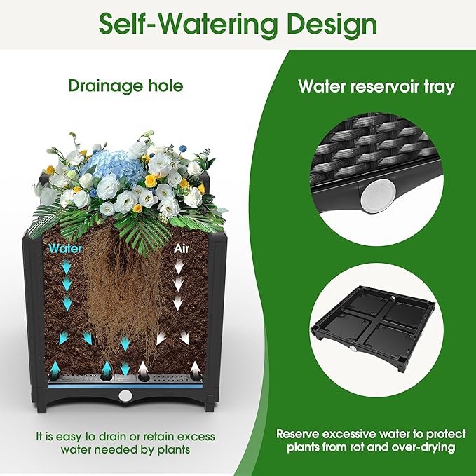 Onelike 48'' x 16'' x 55.5'' Plastic Raised Garden Bed with Greenhouse Cover and Trellis, Vertical Tomato Planters for Climbing Plants, Self Watering System Tomatoes Cage for Patio,Black,Large