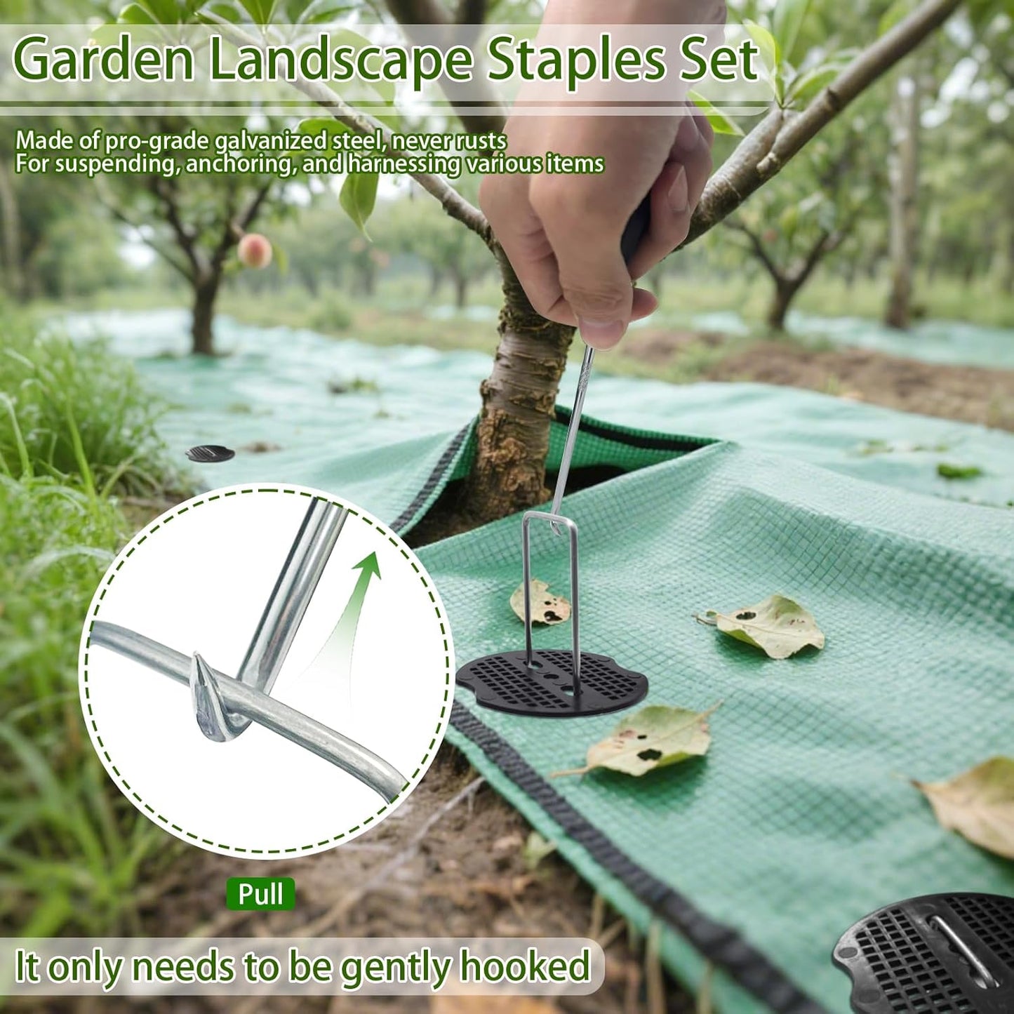 100Sets Garden Stakes Staples and Fixing Gaskets 6 Inch U Shaped Heavy Duty Lawn Staples 11 Gauge Galvanized Landscape Pins with 1 Pick Hook for Weed Barrier Fabric Ground Covers Holding Fence