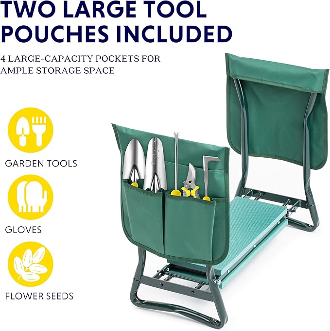 iPower Garden Kneeler and Seat, Foldable Stool, Gardening Bench with Thicken Widen Soft Kneeling Pad, Heavy Duty & 2 Tool Pouches, Gifts for Women, Mom & Dad, Grandparents, Seniors, Green