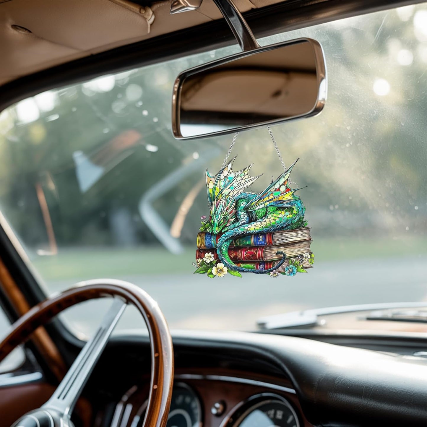 Dragon Books Bookish Acrylic Suncatcher Stained Glass Effect Window Car Hanging Christmas Ornament Indoor Outdoor Decor Garden Bookworm Sun Catcher Book Lover for Women Mom Grandma