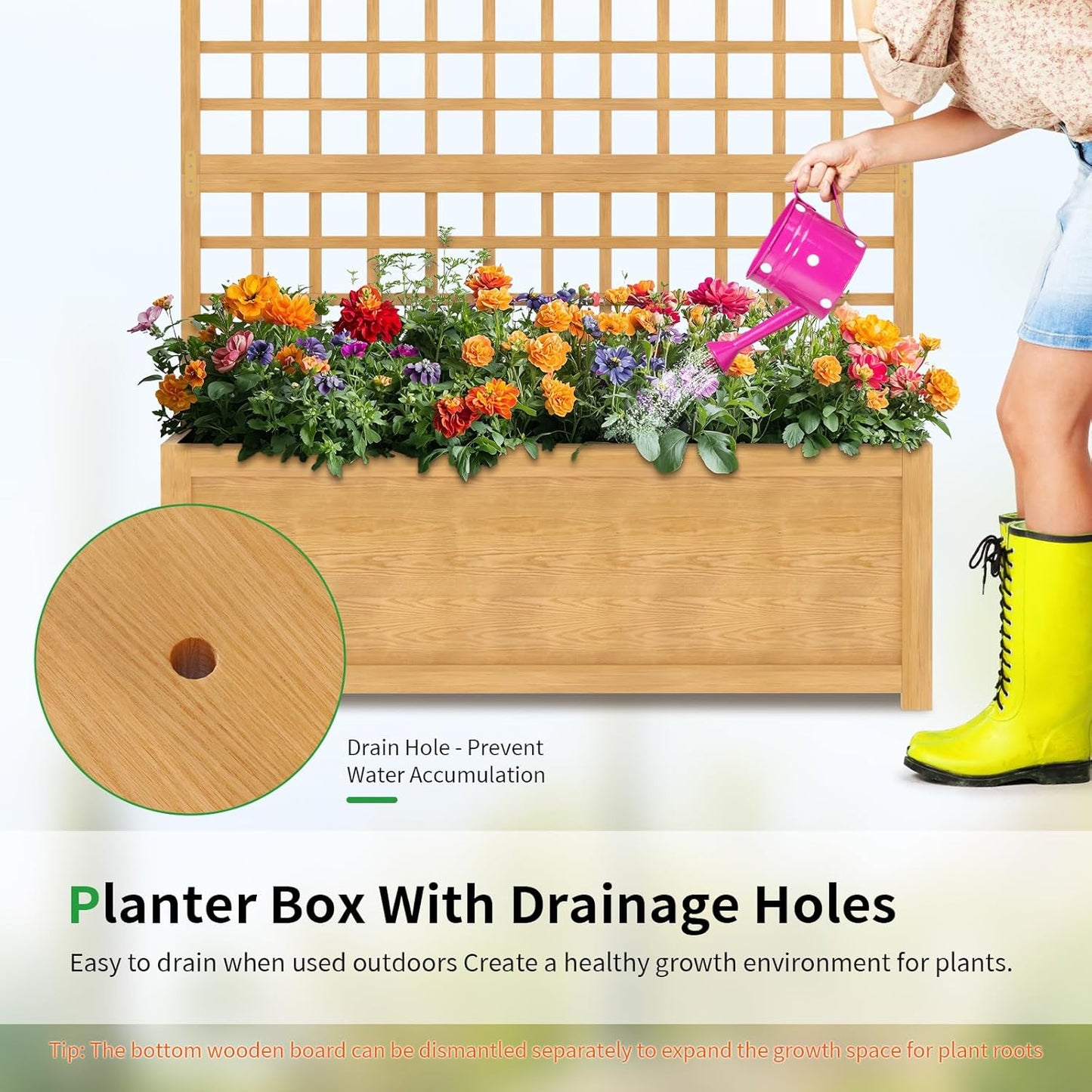 SUNYRISY Raised Garden Bed with Trellis, Wooden Vertical Planter Box with Privacy Screen Outdoor for Climbing Plant Vine Flowers Vegetables, Planter with Hanging Roof and Drainage Holes