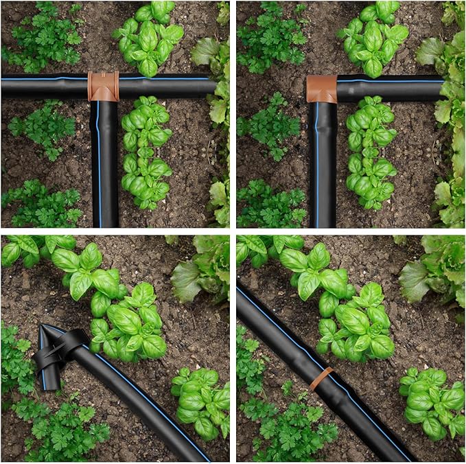 JAYEE 24P Drip Irrigation Fittings Kit for 1/2" Tubing (.600 ID), 17mm Parts- 6 Tees, 6 Couplings, 6 Elbows,6 End Cap Plugs- Barded Connectors for Rain Bird Pipe and Sprinkler Systems (24 Pieces Set)