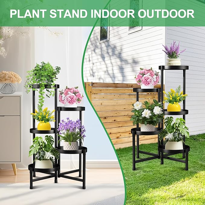 Metal Plant Stand Indoor Outdoor , 5 Tier Foldable Corner Tall Plant Shelf for Multiple Plants, Black Metal Tiered Plant Stand Sturdy and More Balanced, for Garden Patio Lawn Balcony (5 tier)