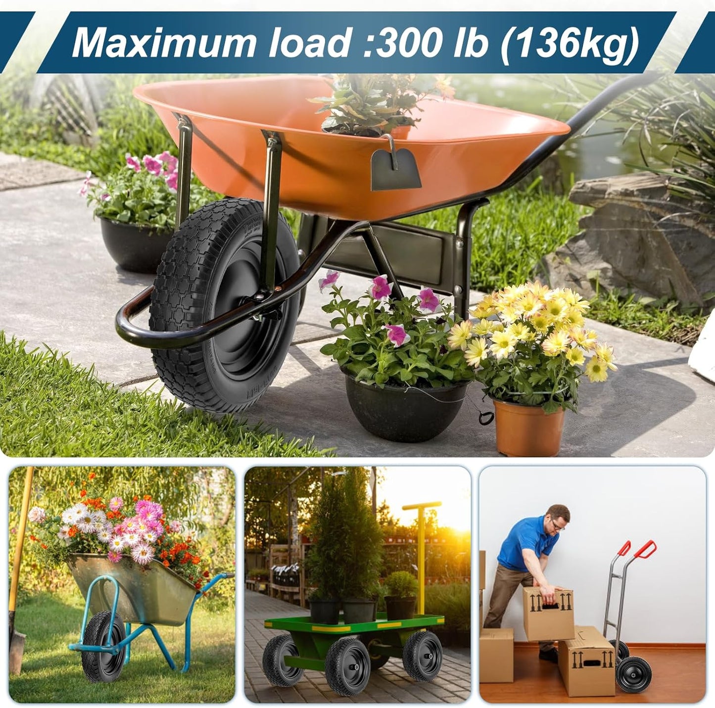 4.80/4.00-8" Flat Free Tire and Wheel 14.5" Solid Flat-Free Replacement Tire with 5/8"& 3/4" Axle Borehole, Adjustable Centered Hub 3-7" for Wheelbarrow Garden Trailer and Trolley by Cenipar