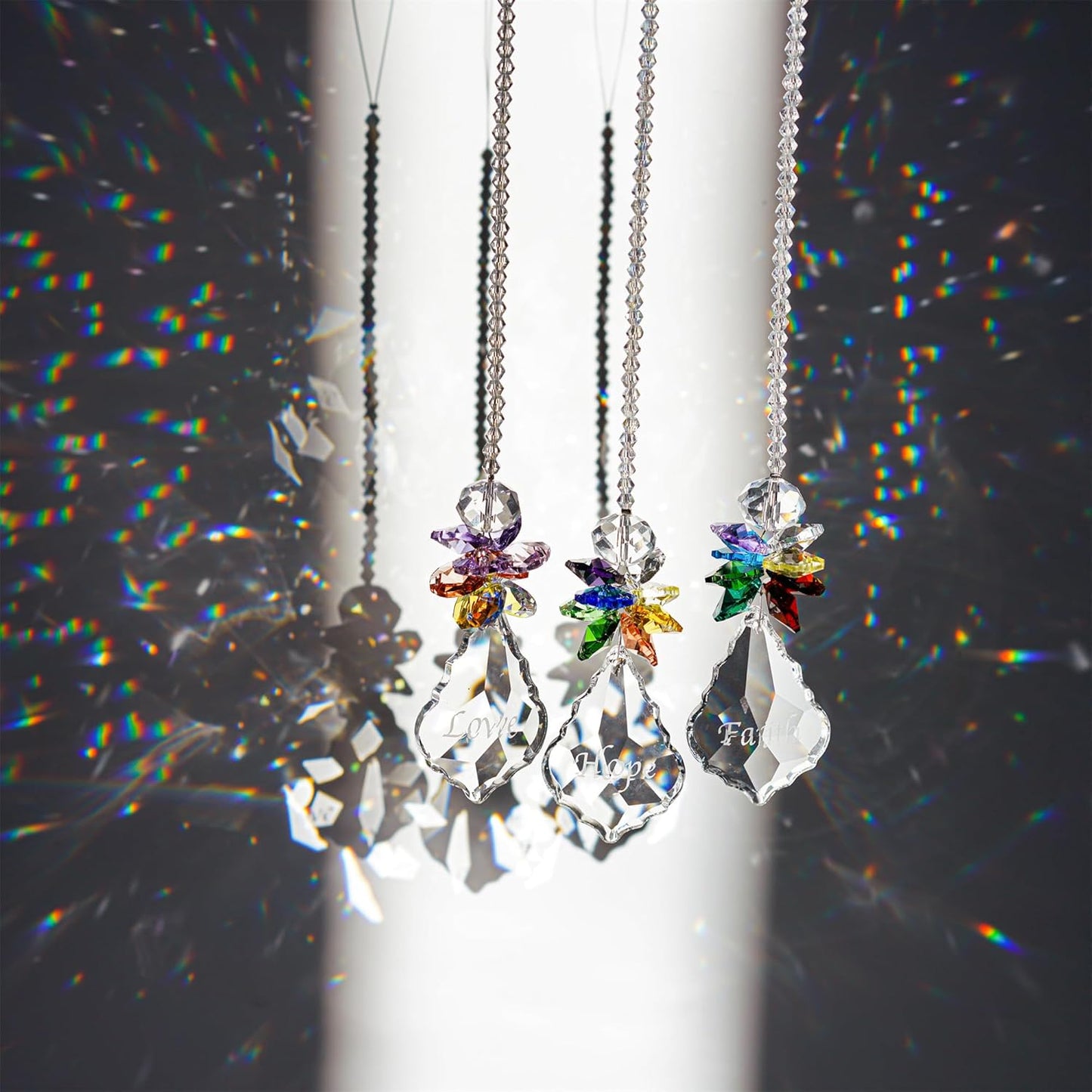 H&D HYALINE & DORA Glass Crystal Rainbow Angel Ornament Chakra Hanging Suncatcher Window Sun Catcher with Baroque Maple Leaf Pendant for Gift, Pack of 3