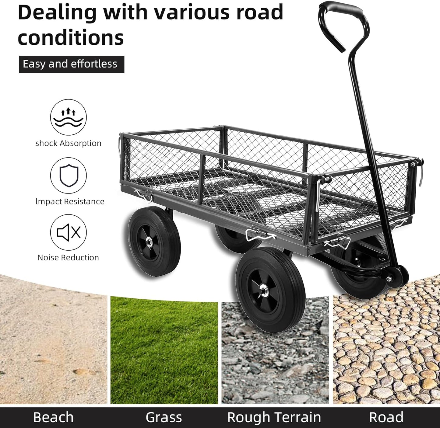 Heavy Duty 480 Lbs Capacity Mesh Steel Garden Cart Folding Utility Wagon with Removable Sides (Black)