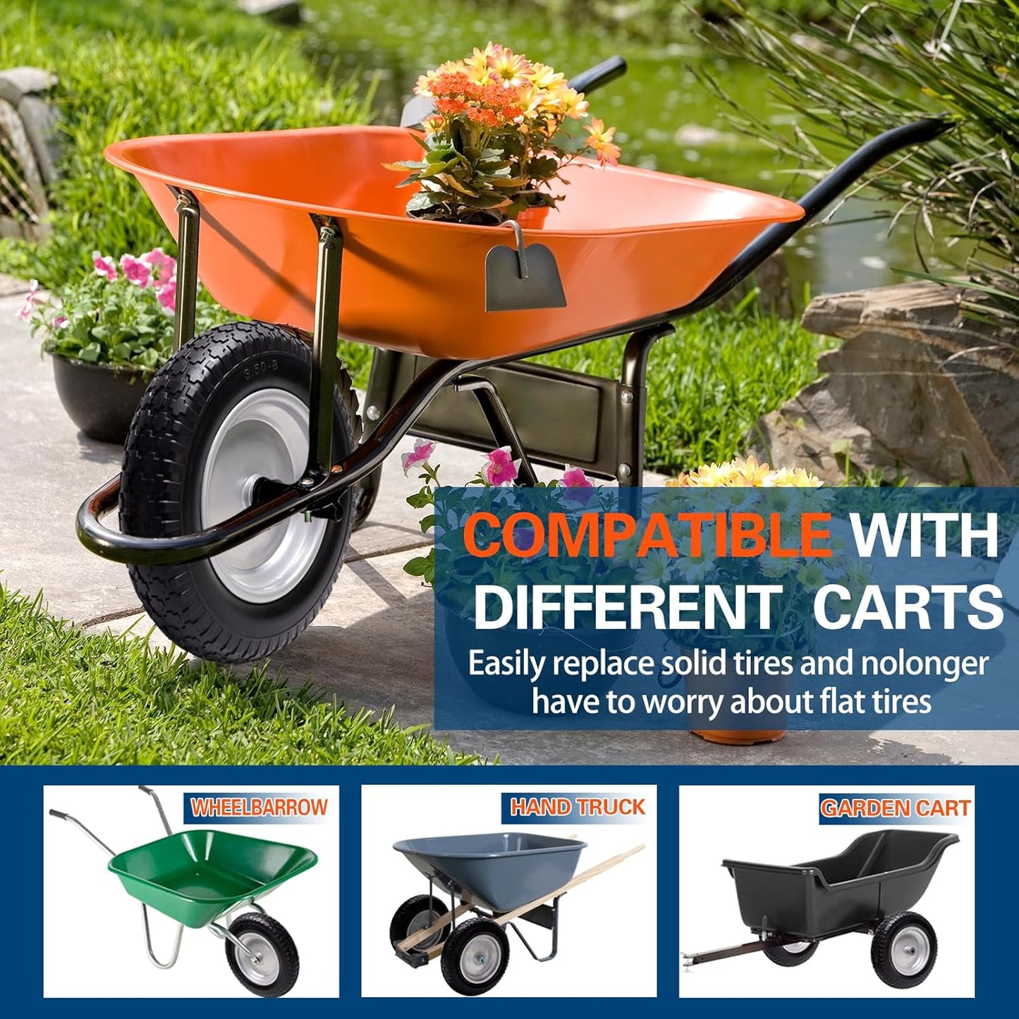 4.80/4.00-8 Tire, 14.5" Flat Free Wheelbarrow Tire and Wheel, 5/8" 3/4" Bearings Solid Replacement Tires, 3" -7" Centered Hub, Universal Fit 3.50/3.00-8, 4.00-6 Trolley Dolly Go Kar, 2 Pack