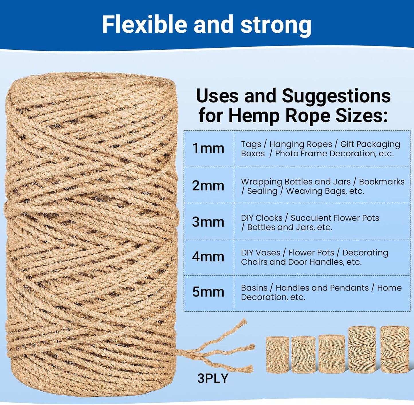 Natural Jute Twine String,Bulk Jute Rope Cord Twine for Crafting Gardening,Roll of Thick and Thin Twine for Gift Wrapping,Brown Decorative Rope,Ornament Twine for Cat Scratch Post (2mm x 656ft)