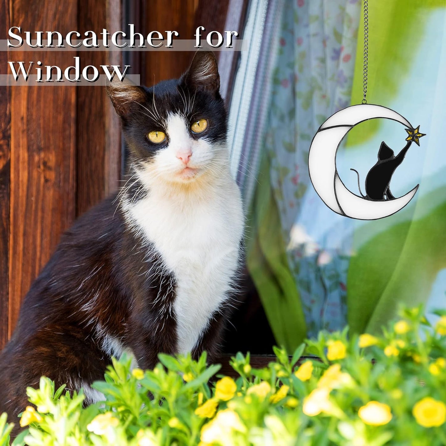 Stained Glass Cat on Moon Pick Star Window Hanging Suncatchers Memorial Gift Decor for Women (Black Cat on White Moon)