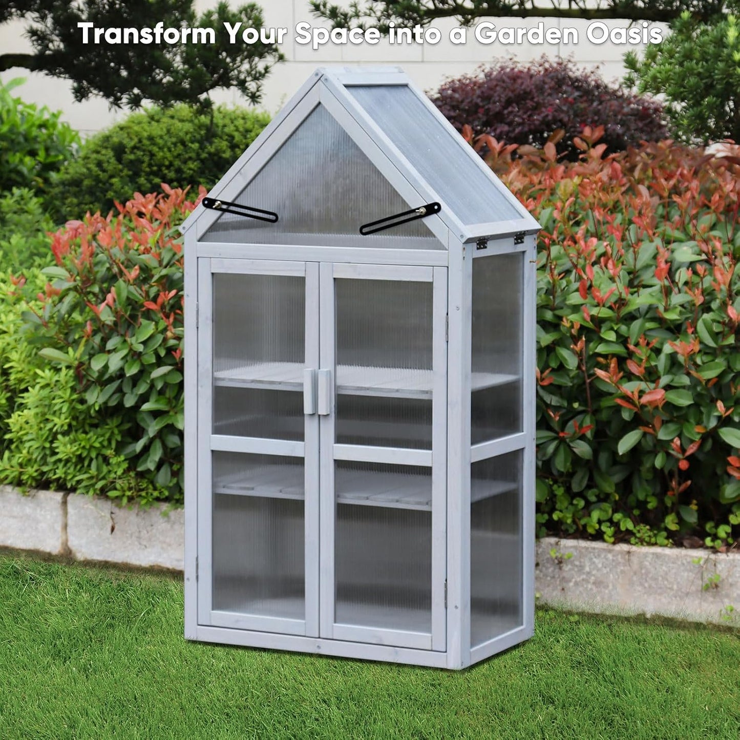 JOYBASE Wooden Mini Cold Frame Greenhouse for Outdoor with Adjustable Shelves, Opening Roof & Wall Mounts - Ideal for Patio, Balcony & Garden, Grey