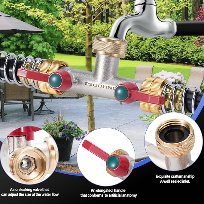 Brass Garden Hose Splitter, 2-Way Heavy Duty Faucet Splitter, 180° longitudinal,Frost Resistant Faucet Diverter for GHT 3/4" Connectors,2 protectors to prevent hose kinking