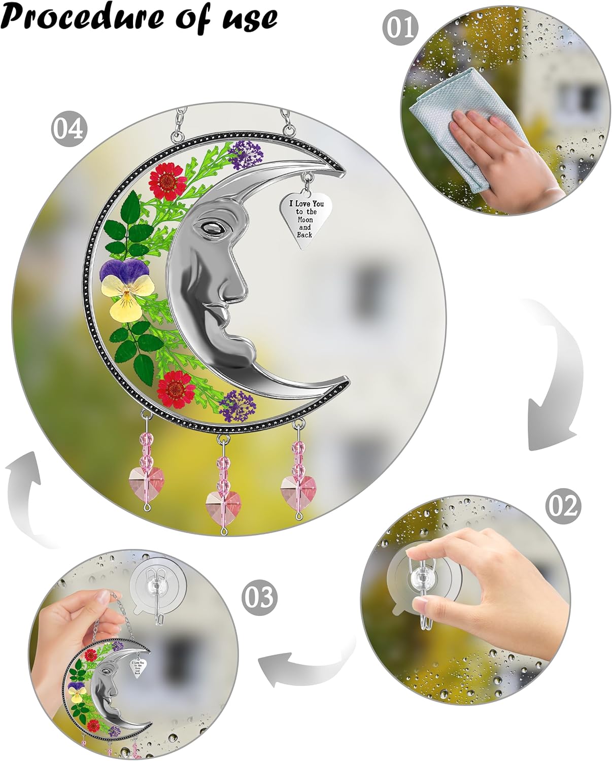 KY&BOSAM Moon Suncatcher Mom Gifts Stained Glass for Windows Hangings Wind Chime Decor with Pressed Real Flower and Metal I Love You to The Moon and Back Heart Charm for Home Christmas Trees Patio