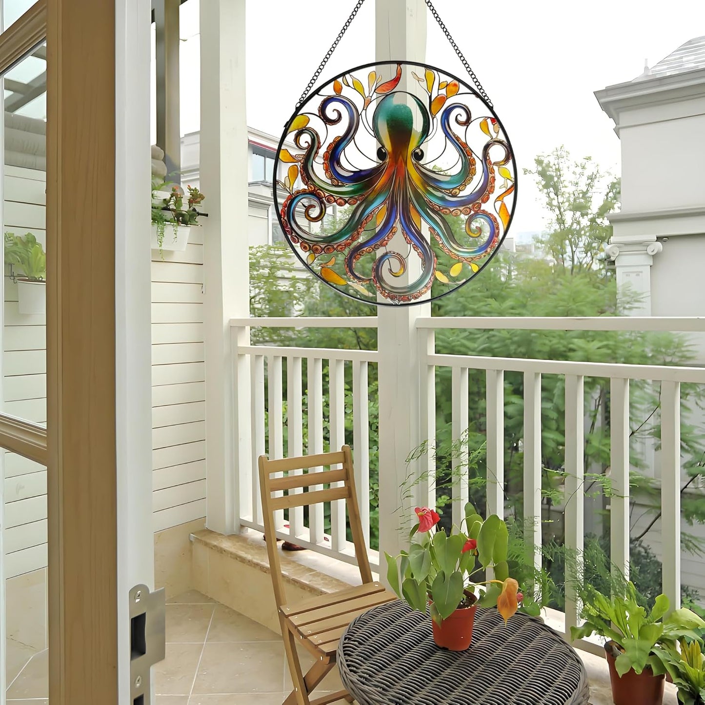 Octopus Stained Glass Window Hanging, 9.8’’ Sun Catcher Glass Panel Ocean Theme Wall Art Decor with Chain, Birthday Gift for Sons, Daughters, Grandson