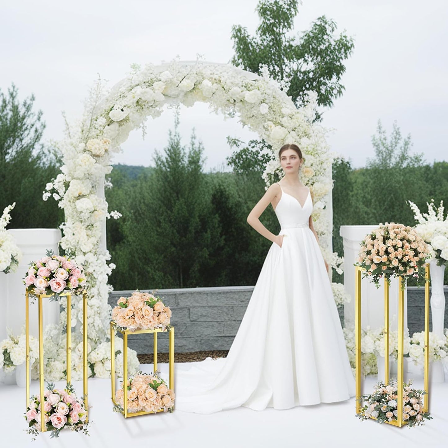 Cylinder Pedestal Stands for Party & Plant,3pcs Square Gold Metal Wedding Flower Display Stand for Centerpieces,15.7/23.6/31.5 inch Tall