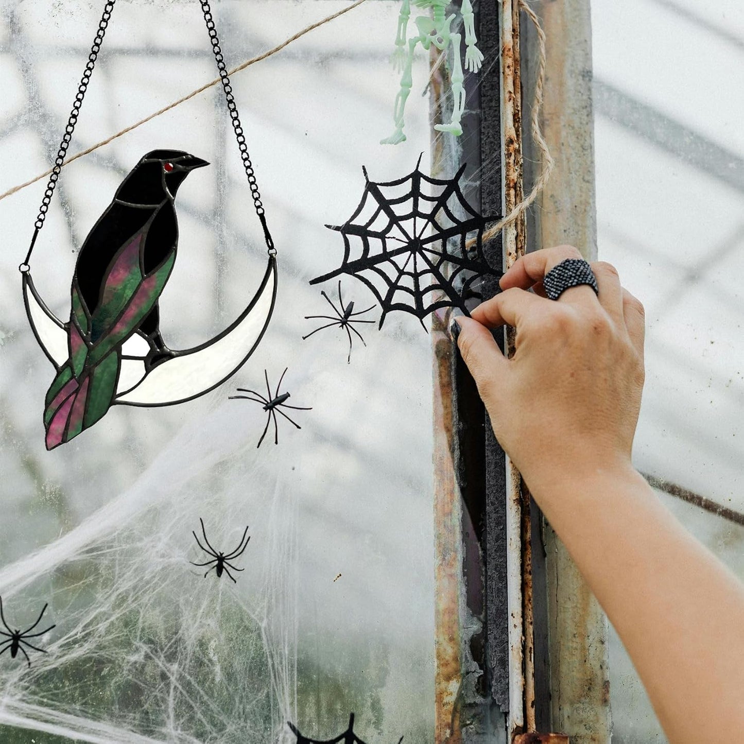 Stained Glass Crow on Moon Decor Window Hangings Ornament, Gothic Raven Suncatcher Halloween Decorations, Handmade Crow Birds Gifts Sun Catchers Indoor Window Home Decor.
