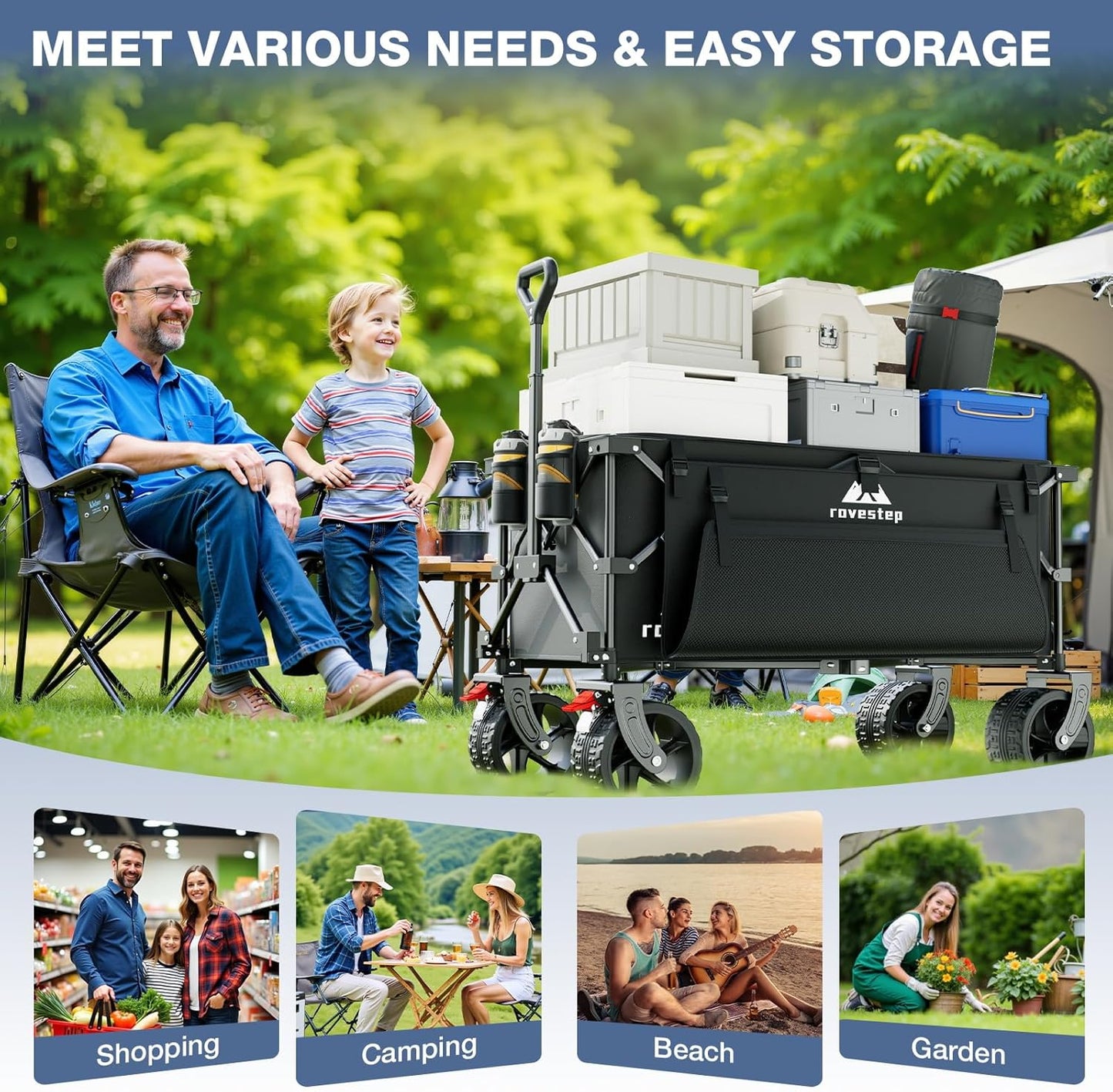 Collapsible Wagon, Foldable Beach Cart with Big Wheels for Sand, Heavy Duty All-Terrain Utility and Garden Cart, Portable Grocery Wagon, 166L Capacity, 450lb Load