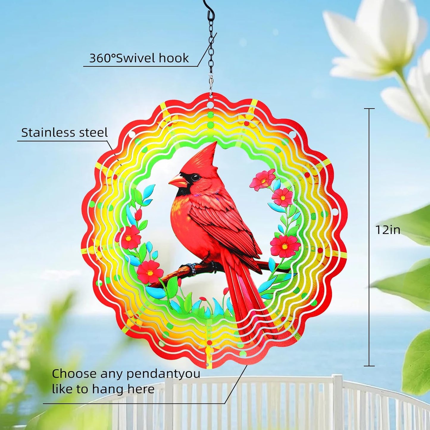 Metal Wind Spinners Outdoor,Cardinal Hanging Wind Spinner Gifts for Women Men,12 inch 3D Stainless Steel Wind Catchers Kinetic Sculpture for Garden Decor,Outside,Yard,Patio,Backyard,Porch Decoration