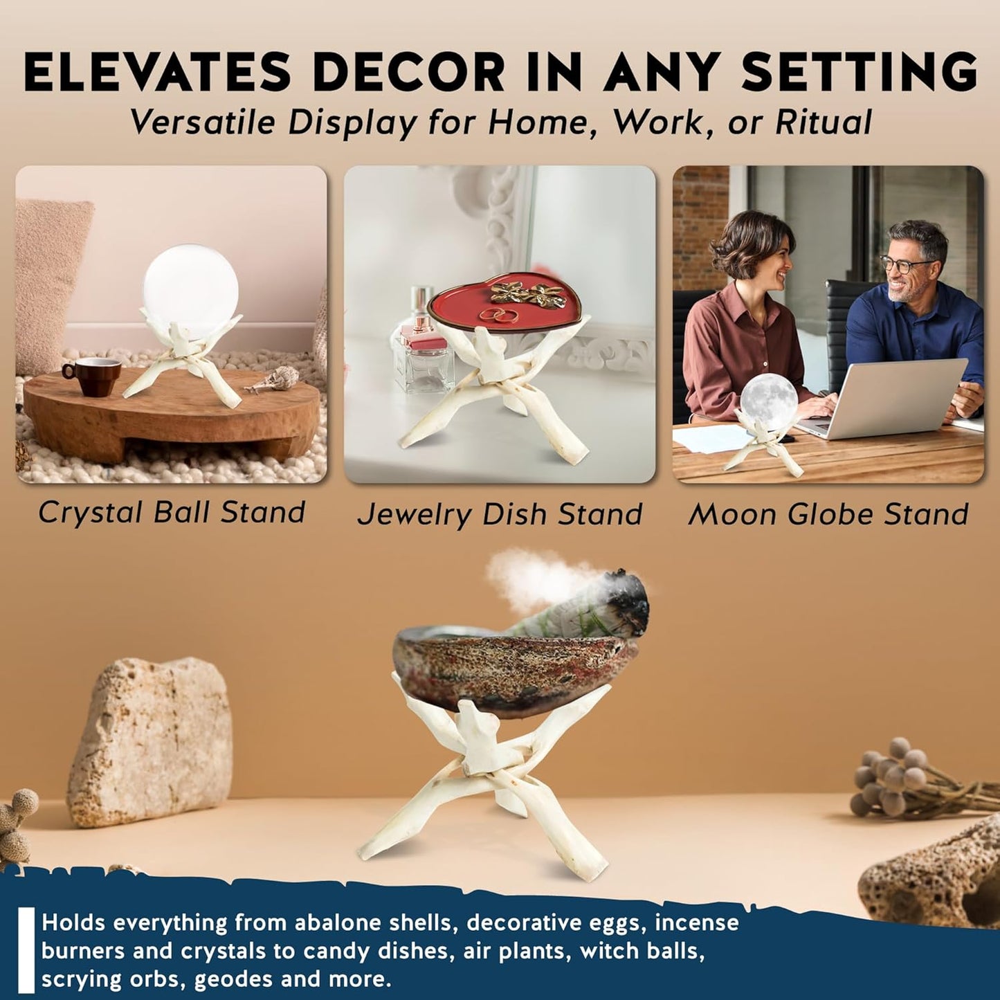 Alternative Imagination 8” Natural Wooden Tripod Stand - Home Decor Holder for Abalone Shell, Crystal Ball, Trinket Dish, Jewelry Dish, Key Bowl, Geode, and More