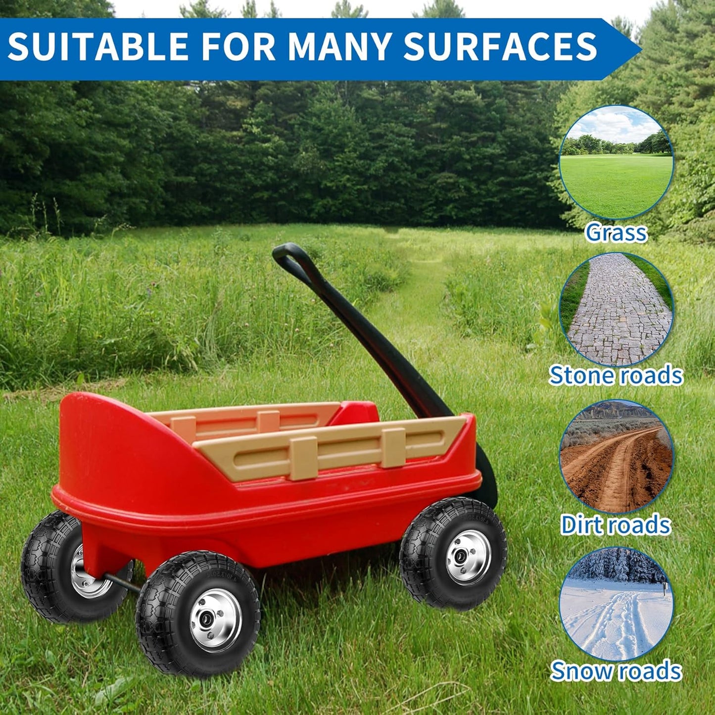 4.10/3.50-4 Tires and Wheels Flat Free 10 Inch Solid Tires Replacement with 5/8" Axle Bore Hole, 8 Spacers 4 Pins, for Cart, Garden Wagon, Wheelbarrow, Hand Truck, Trolley, Lawn Mower, 2P