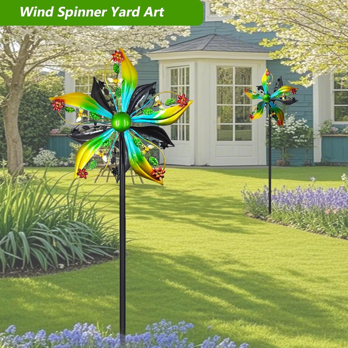 Wind Spinners Outdoor,Kinetic Wind Sculptures & Spinners, 57" Double-Side Metal Wind Spinner for Yard and Garden, Lawn Art Decorations Flower & Bee