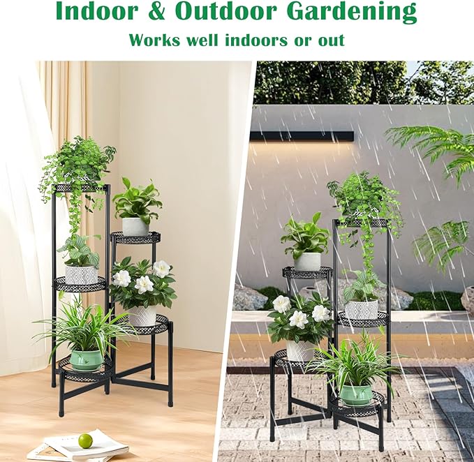 Black Metal Plant Stand for Indoor Outdoor 5 Tier Foldable Corner Tall Plant Shelf Display Stand for Multiple Plants Wrought Iron Flower Pot Holder for Living Room Balcony Garden Patio(5 tier01)