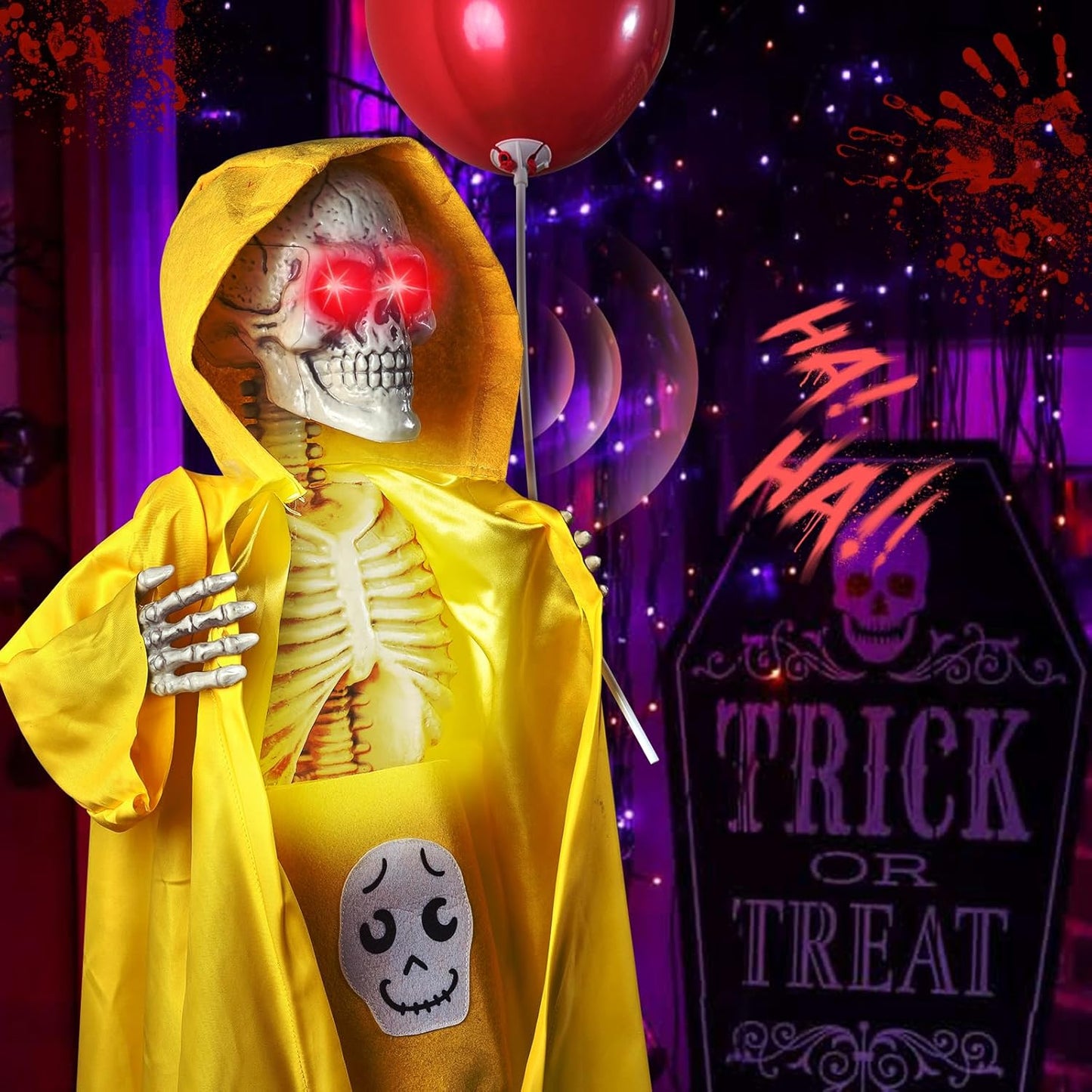 Halloween Animatronics Decorations Outdoor for Holding Candy and Gifts, 37 Inch Life Size with Balloon, Sound-Activated Sensor, Scary Decor for Home Party Indoor Outside Garden Lawn Grave Yard