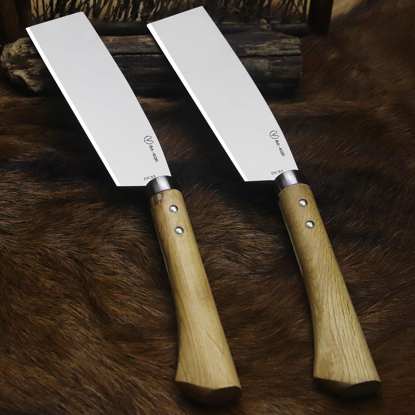 BA-KOR (Pioneer ) (15") DC53 steel 6mm thickened full Tang fixed knife+ Wooden sheath &(5.9IN) Cerium Igniter, suitable for outdoor hunting, cutting, chopping, camping, obstacle removal, exploration, fishing, EDC, BBQ (Mirror Light Edition)