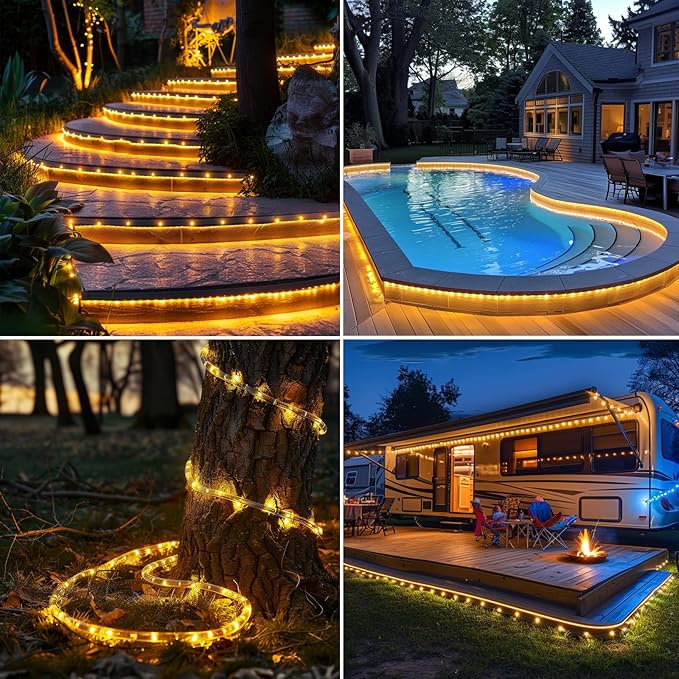 98FT Waterproof 300LEDs Solar Rope Lights, Type C Charging, Remote-Controlled, for Outdoor Pathway Pool Patio Party Garden Yard Palm Tree Holidays (Brighter - Warm White)