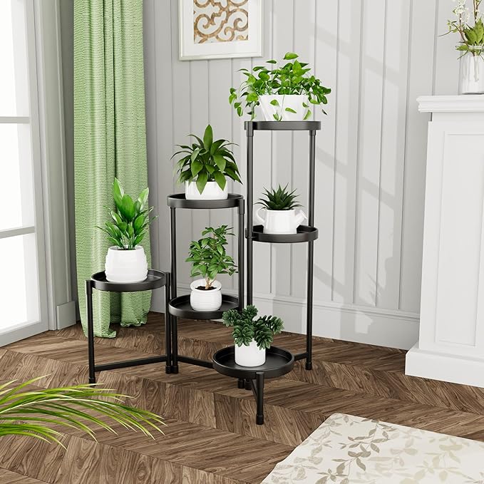 6 Tier Plant Stand Indoor Tall, Black Corner Metal Tiered Plant Stands Outdoor for Multiple Plants, Folding Iron Flower Display Holders Rack Shelf for Living Room Balcony Garden Patio