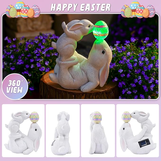 Easter Bunny Decor Solar Garden Outdoor Statues with Easter Egg LED Lights β Garden Rabbit Statue Outdoor Yard decorations for Patio,Lawn,Ornaments β Unique Easter Gifts for Birthday,Women,Mom