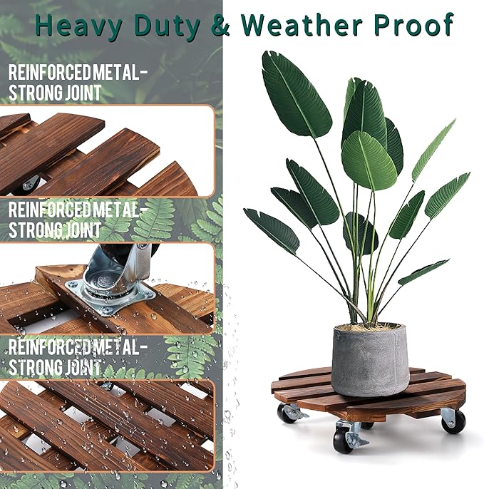 ZXZYHFTY Round Original Wooden Plant Stand with Wheels, 2 Packs Rolling Plant Stand with 360°Lockable Wheels for Vertical Garden Towers, Vertical Planting Tanks, Plant Pots, Wastebaskets (14")