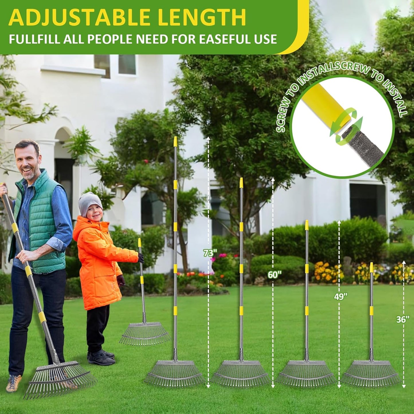 Garden Leaf Rake Set with 25 Tines, Heavy Duty Metal Rake for Leave (Adjustable 73" Long, 18" Wide) with 32 Gallon Reusable Leaf Bag, Ideal for Yard Lawn Shrub Gardening
