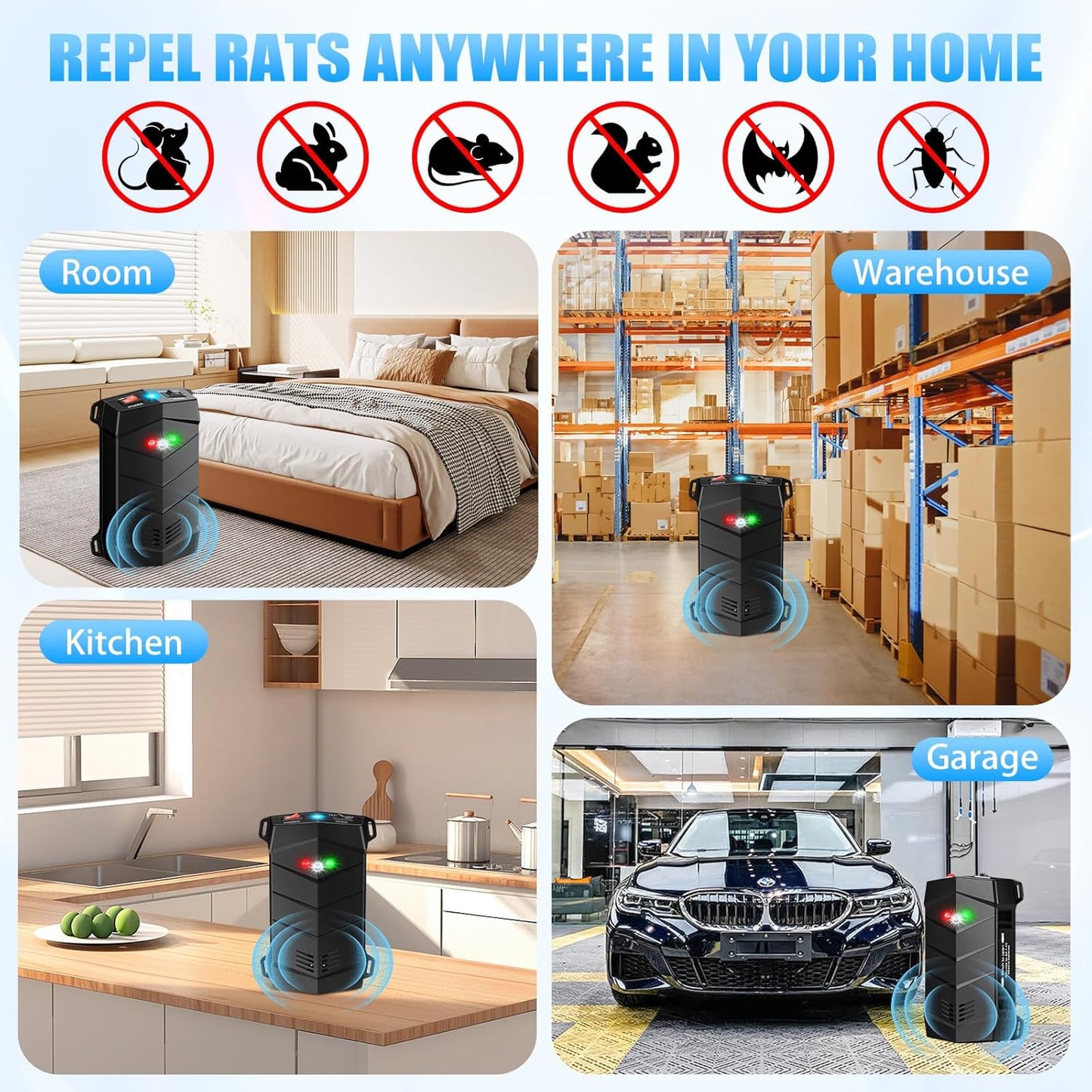 Rodent Repellent for Car Engines, Mouse Repellent Ultrasonic Rodent Repeller, Variable Frequency Ultrasonic&LED Strobe Lights, Keep Mice Away from Car Engines, Rooms, Indoors, Outdoors (2-Pack)