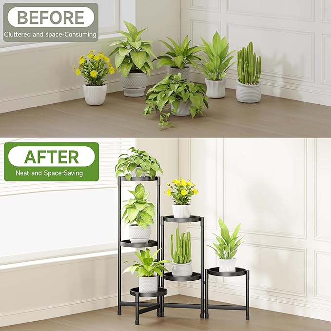 6-Tier Metal Plant Stand Indoor, Foldable Corner Plant Shelf Outdoor, Rotatable Tiered Tall Plant Stand, Black Multiple Plant Stands for Patio Living Room Balcony Garden Home Decor