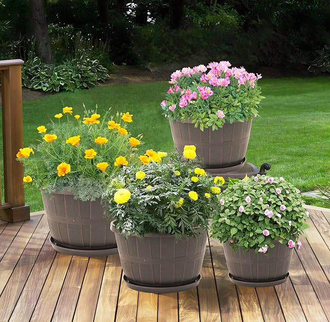 Quarut 14 Inch Plastic-Flower-Pot-for-Indoor-Plants, 4 Pack Large Outdoor Planter Pot with Drainage Holes & Saucers, Resin Decorative Garden Pots Planters(Brown)