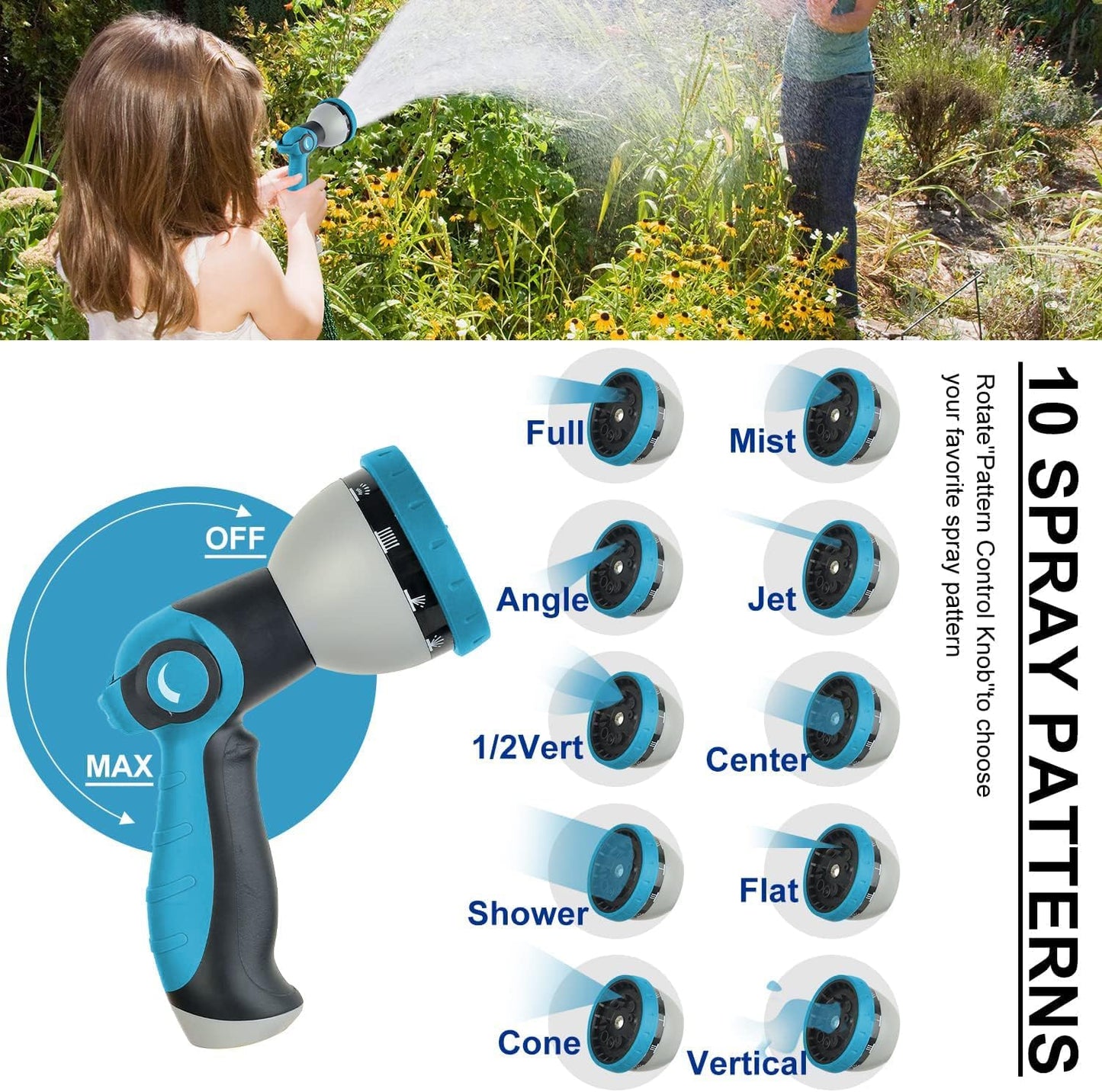 200Ft Non-Expandable Garden Hose, Flexible Water Hose with 10-Pattern Spray Nozzle, Lightweight Hose Pipe, Kink-Free, Leak-Proof, 3/4" Solid Metal Fittings