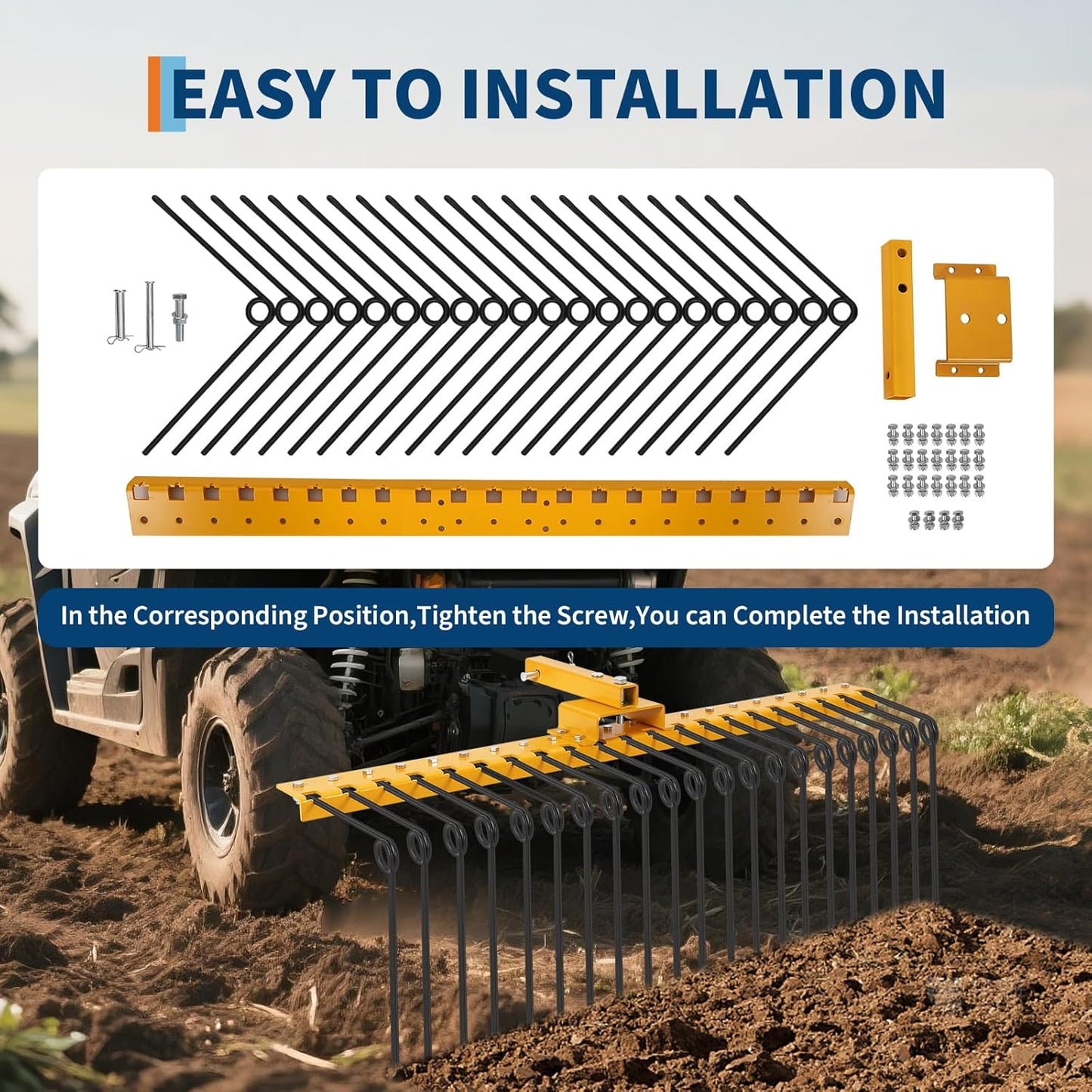 48 Inch Durable Pine Straw Rake Powder Coated Steel Landscape Rake Fits 2" Receiver for Lawn Tractors or ATV/UTV, Orange