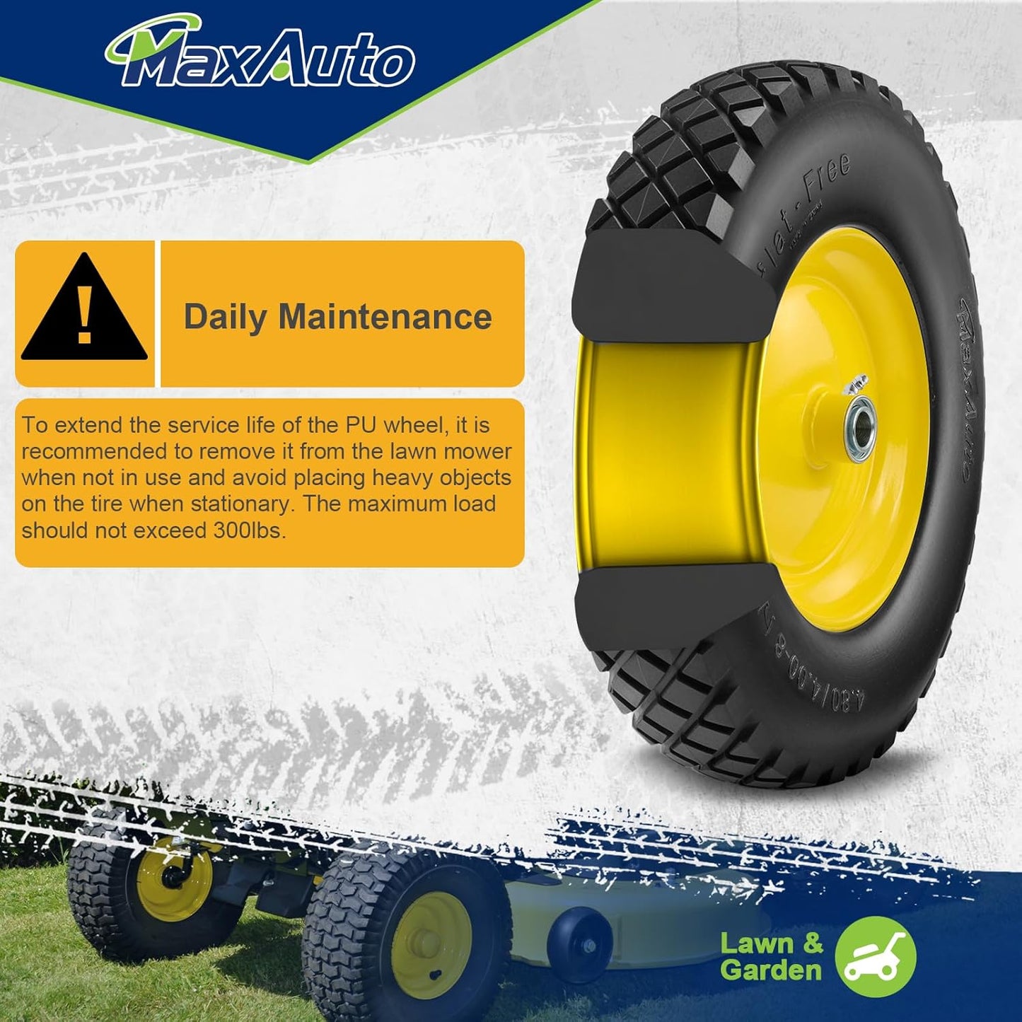 MaxAuto Wheelbarrow Tires 4.80 4.00-8 Flat-Free Tire and Wheel 16 Inch Solid Tires w/Grease Fitting, 3" Centered Hub, 3/4" Bearings, 4.80 4.00-8 Tire for Hand Truck Trolley Garden Cart Wagon, Yellow