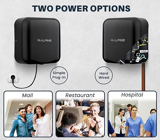 Alpine Automatic Hand Dryers for Bathrooms Commercial High Speed 110-120V Stainless Steel Electric Hand Dryer, Plug In & Hardwire Options with Air Filter, ADA & UL Compliant & 5 Years Coverage (Black)
