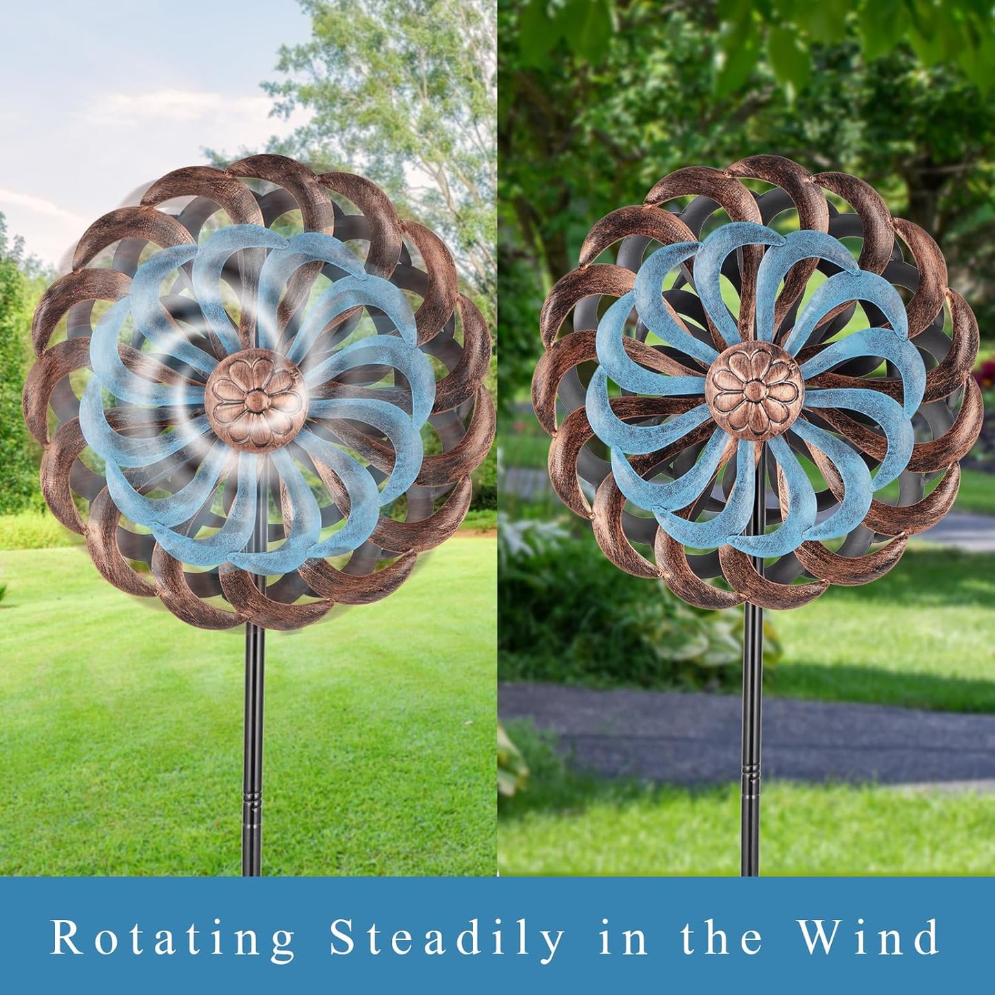 Metal Wind Spinners Outdoor, 14 Inch Dia Kinetic Wind Sculptures & Spinners with Stake, 61" H Windmill Yard Art Decor for Patio Lawn Garden, Copper Blue