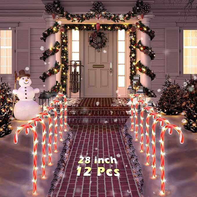 COOLWUFAN 28" Christmas Candy Cane Pathway Markers, Set of 12 Pack Christmas Outdoor Decorations Pathway Lights with 72 Warm Lights for Christmas Holiday Party Walkway Patio Garden Yard Lawn Decor